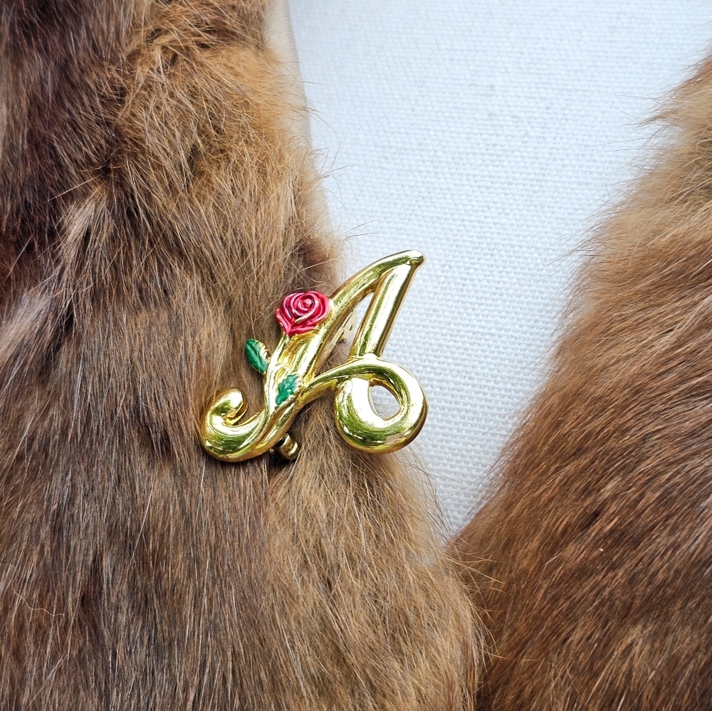 Gold Tone Cursive "A" Pendant Brooch W/ A Rose